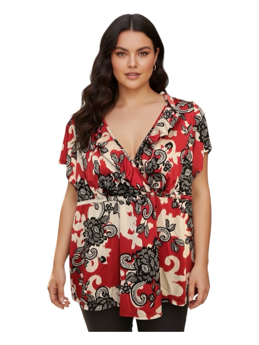 Lane Bryant Plus Size 22/24 Red and Cream Floral Wrap-Front Blouse
